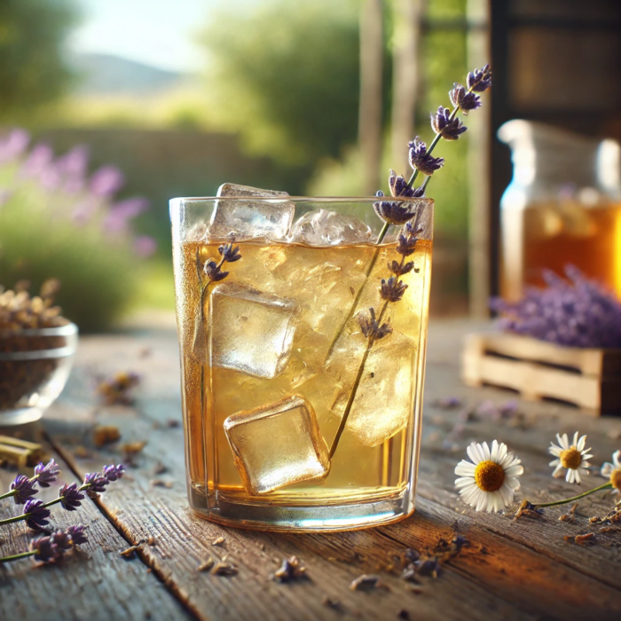 Iced chamomile & lavender tea in a glass